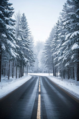 Scenic view of the forest road behind the snowの素材
