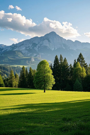 Green grassland and forest landscape under green mountainsの素材