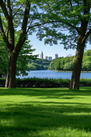 Park lakeside greenery and city vistasの素材