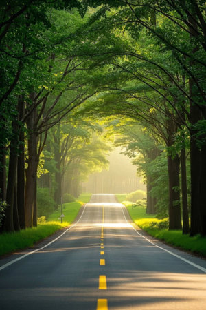 Forest road with sunlight penetrating the woodsの素材