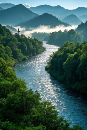 Natural scenery of rivers among the green mountainsの素材