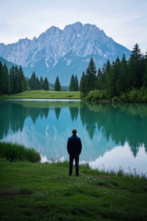 Man gazing at the distant mountains from the lakeの素材