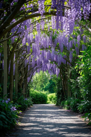 Garden path under purple wisteria flowersの素材