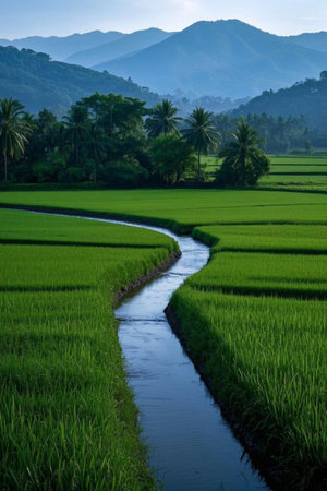 Green rice paddies and winding canalsの素材