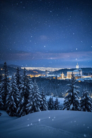 Snowy night forest and distant cityscapeの素材