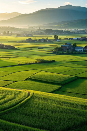 Panoramic view of the natural scenery of the field villageの素材