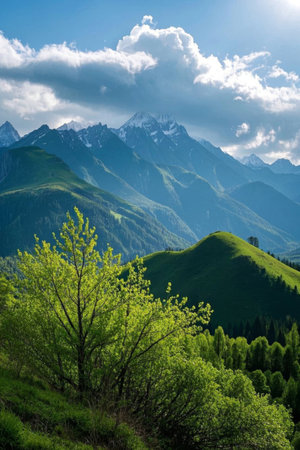 Green mountains, green trees, blue sky, white clouds and mountain sceneryの素材