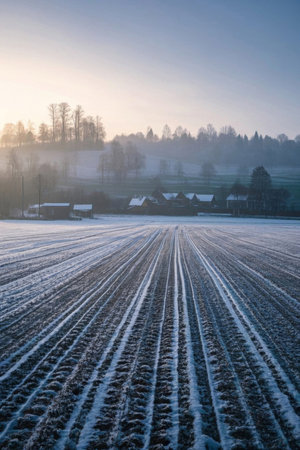 Winter snow-covered fields and villagesの素材