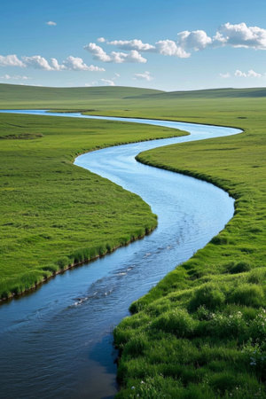 Grassland winding river natural sceneryの素材