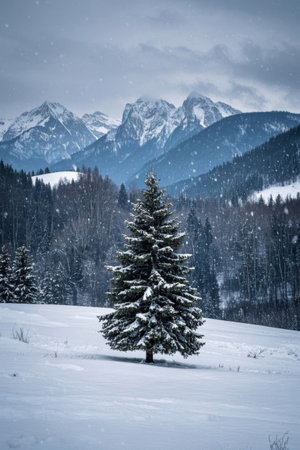 Snow pine landscape at the foot of the snow mountainの素材