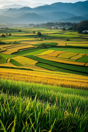 Pastoral rice fields and distant mountain natural sceneryの素材