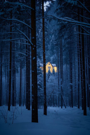 Lighted hut in the forest on a snowy nightの素材