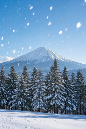 Snowy mountain scenery and pine forest sceneryの素材