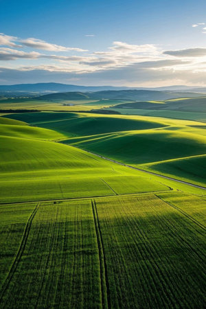 Aerial photography of the vast green farmland sceneryの素材