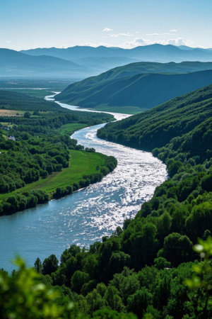 Panoramic view of natural scenery of mountains, rivers and forestsの素材