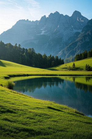 Mountain meadows and lakes natural sceneryの素材