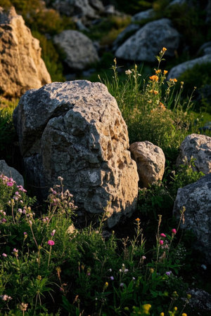 Outdoor rock and flower landscapeの素材