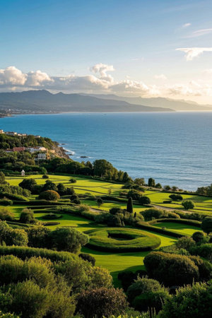 Manicured green landscape along the coastの素材