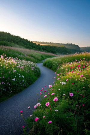 Winding paths in a sea of flowersの素材