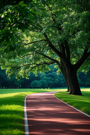 Tree-lined red trails in the parkの素材