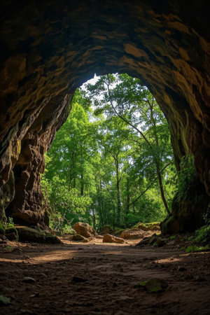 A lush green forest scene outside the caveの素材