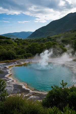 Blue-green hot spring natural scenery in the mountainsの素材