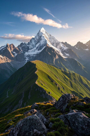 Magnificent snow-capped mountains and lush hillside sceneryの素材