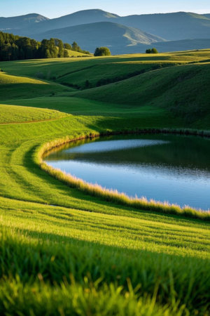 Quiet lake scenery among green hillsの素材