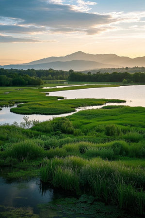 Natural scenery, wetlands and distant mountain landscapesの素材