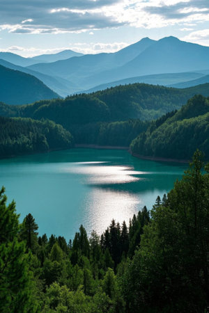 Lake scenery surrounded by mountains and forestsの素材