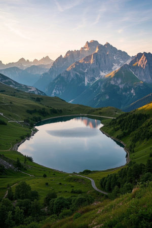 Panoramic view of natural scenery of mountain lakesの素材
