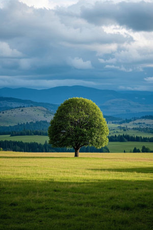 Lone trees on the grassland and distant mountain sceneryの素材