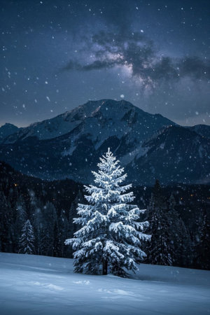 Snow-covered pine trees in the mountain forest on a snowy nightの素材