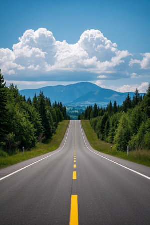 Open roads between forests and distant mountain landscapesの素材