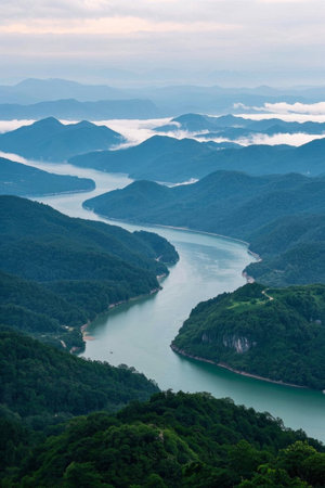 Panoramic view of mountains and rivers surrounding natural sceneryの素材
