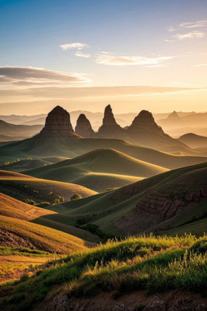 Continuous hills and unique peaks under the setting sunの素材
