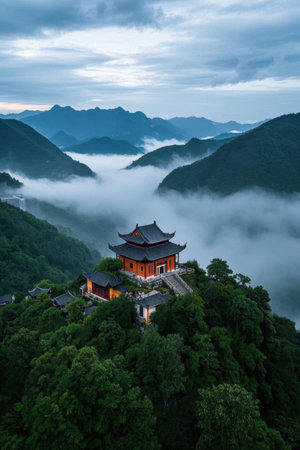 Chinese ancient architectural landscape in the mountain cloudsの素材