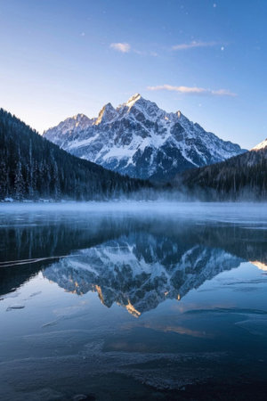 Calm lake scenery beside snow-capped mountains and forestsの素材