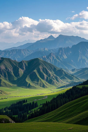 Panoramic view of natural scenery with green mountains and green watersの素材