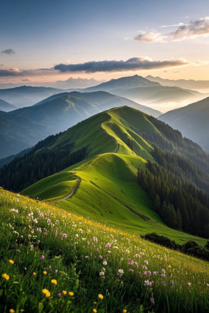 Mountain meadows and distant mountain natural sceneryの素材