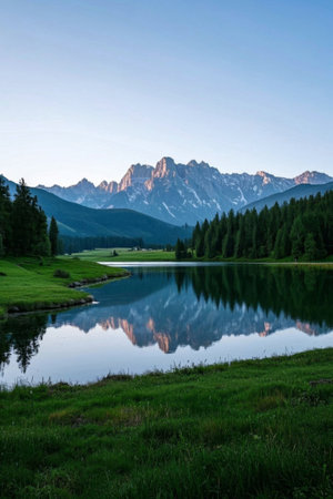 Calm lakes in the mountains and distant mountainsの素材