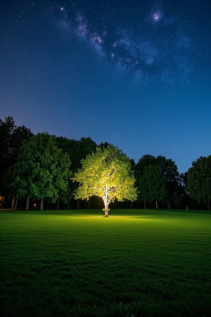 Glowing trees in the grass under the night skyの素材