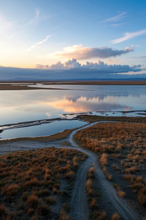 Dusk Lake Grassland and Winding Path Landscapeの素材