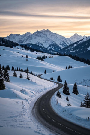 Snowy scenery on the winding road between the snow-capped mountainsの素材
