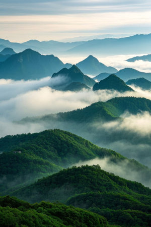 Panoramic natural scenery of mountains, clouds and seaの素材