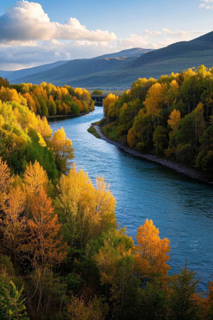 Autumn river and forest sceneryの素材