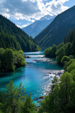 Clear river landscape in mountain forestの素材