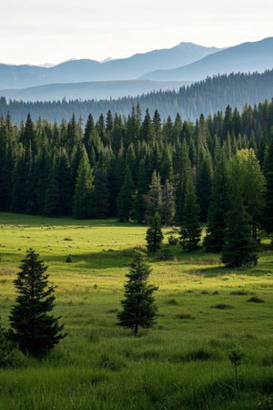 Green meadows and forest landscapes in the mountains and forestsの素材