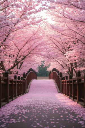 Cherry blossom covered wooden bridge natural sceneryの素材