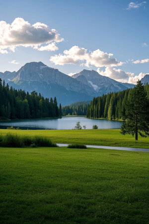 Natural scenery of mountains, forests and lakesの素材